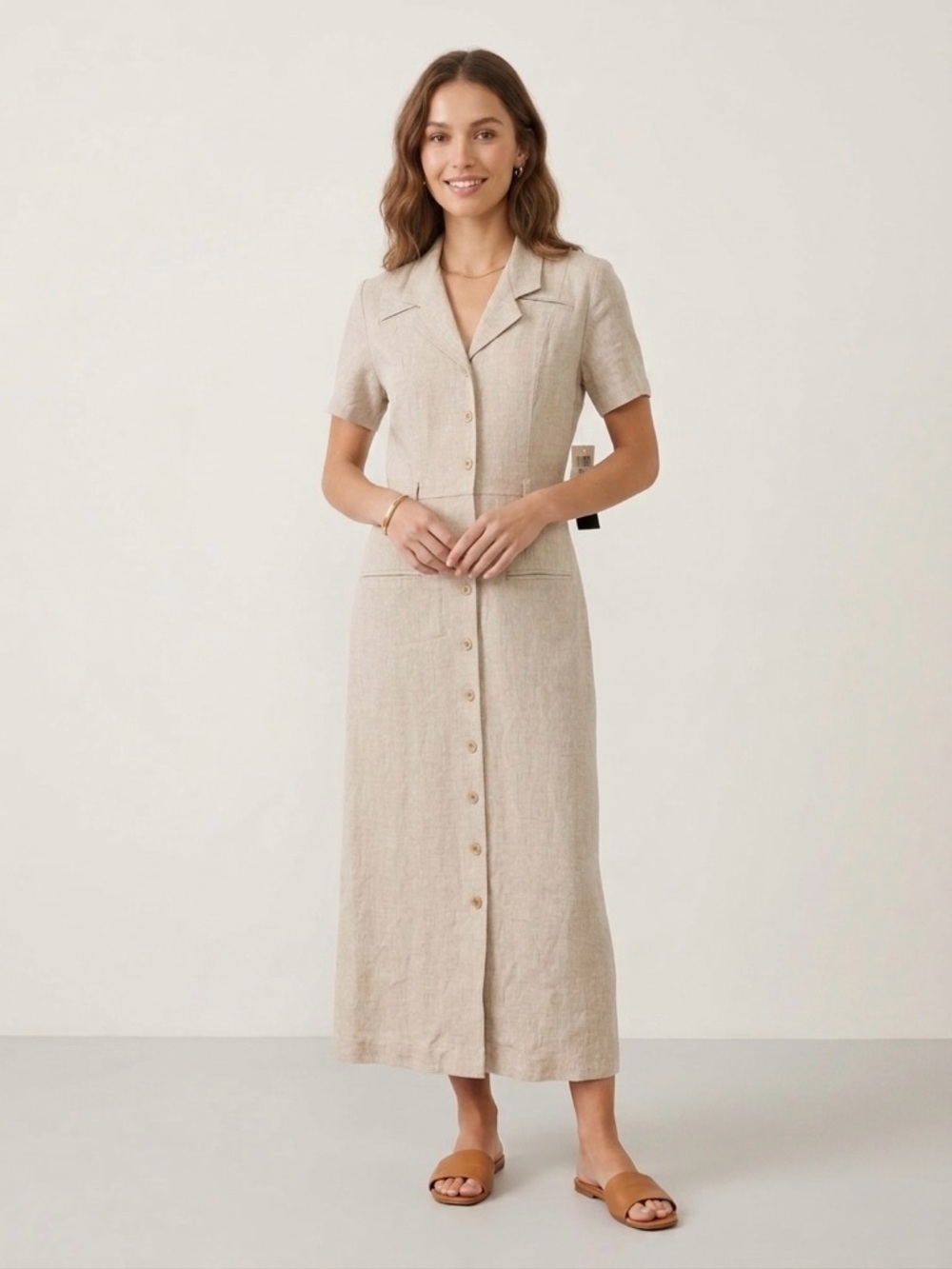 VTG Carol Anderson Petite P2 100% Linen Maxi Dress Neutral Safari Quiet Luxury